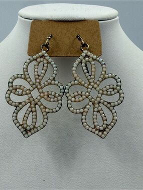 Gold Tone White Beaded Filigree Earrings